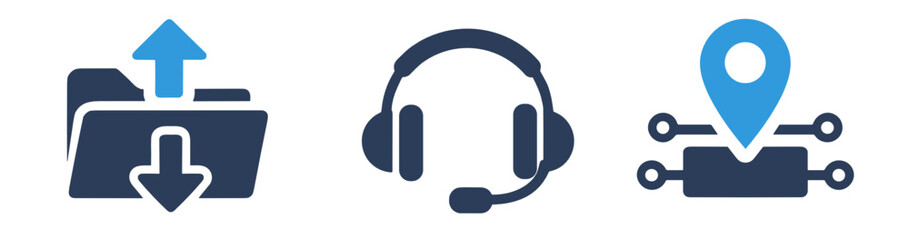 Obraz premium Row of three dark blue icons showing a data folder with upload and download arrows, a headset and a location pin representing digital support services.