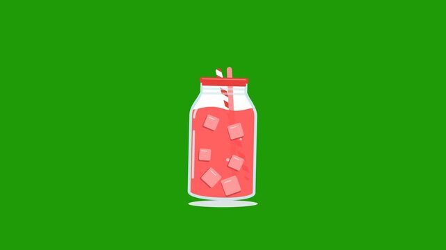 Pink smoothie jars with ice cubes falling in a repeating pattern on a green screen background in a seamless 2D flat animation loop for a fresh summer beverage advertising concept