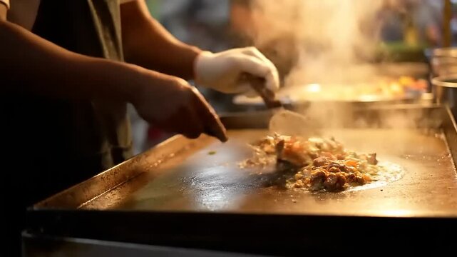 Street food vendor cooking delicious sizzling meat on a hot metal griddle at an outdoor night market stall with rising steam