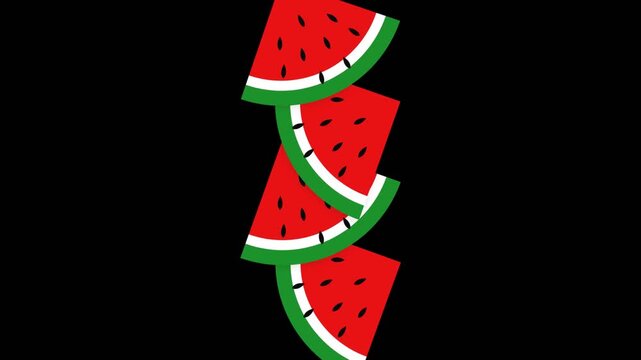Cartoon watermelon slices falling in columns in a seamless 2D animation loop with a flat pattern on a black background for a vibrant summer food or pop art design concept