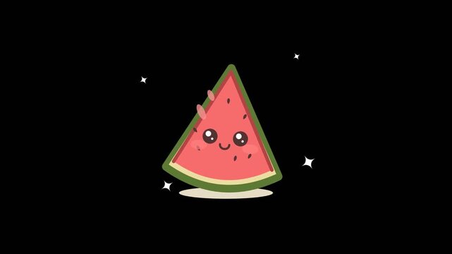 Cute kawaii watermelon slice character floating and blinking in a seamless loop on a black background with sparkling stars in a 2D animation style for a happy playful summer food concept