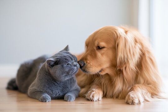 The Golden Retriever and Gray Cat Sharing a Tender Kiss Moment in Cozy Home