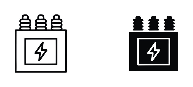 electrical transformer icon collection. Electrical transformer and substation icon set, power distribution equipment symbols for energy, utility and engineering projects.