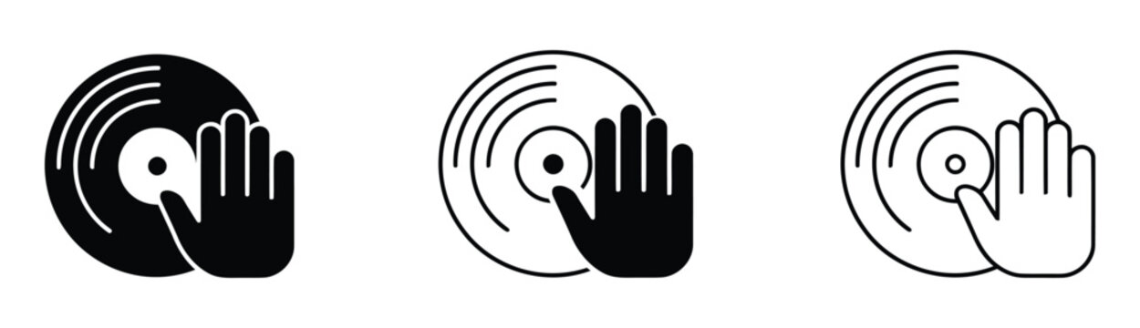 DJ hand on vinyl record icon set: solid black, outline, sketch styles. A simple black and white outline illustration of a vinyl record with a hand gesture nearby. 