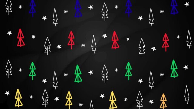 Colorful hand drawn doodle Christmas trees and stars shaking on black background animation loop