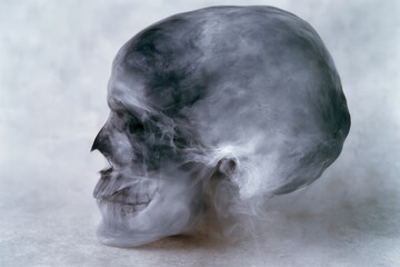 Fototapeta premium Ethereal Human Skull in Wisps of Smoke, Profile View on Light Background, Mystical and Anatomical Imagery