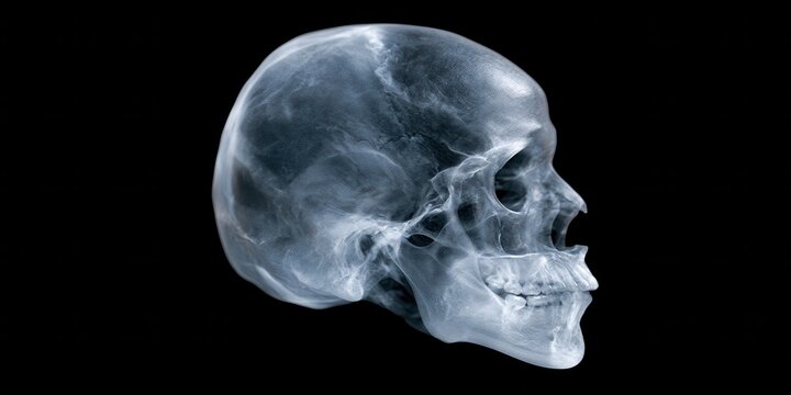 3D Rendered X-ray Human Skull Profile on Black, Medical Imaging