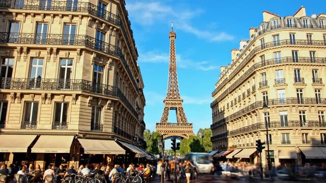 Busy Paris street with cafes and Eiffel Tower in background