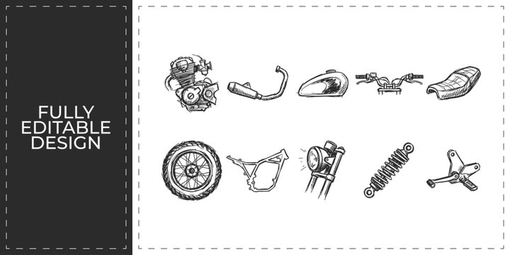 Automotive suspension and car engine parts icons set featuring shock absorbers and steering wheel for vehicle repair shop and professional maintenance service design