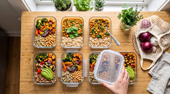 Healthy meal prep food containers on wooden kitchen table, person closing glass lunch box with nutritious home cooked food, fitness nutrition and sustainable lifestyle planning