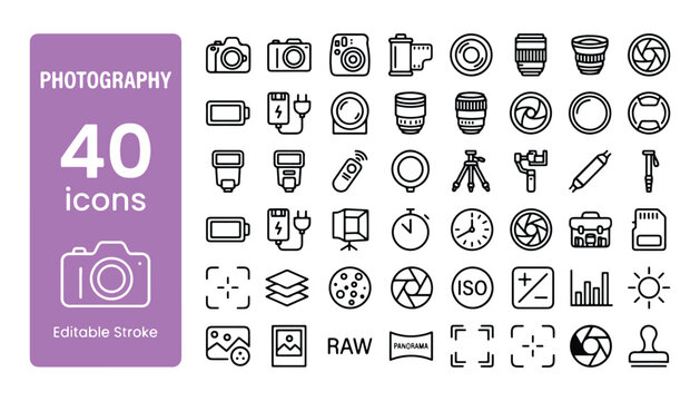 Photography line icon set, 40 professional camera equipment and studio gear icons, editable stroke vector symbols for photographers