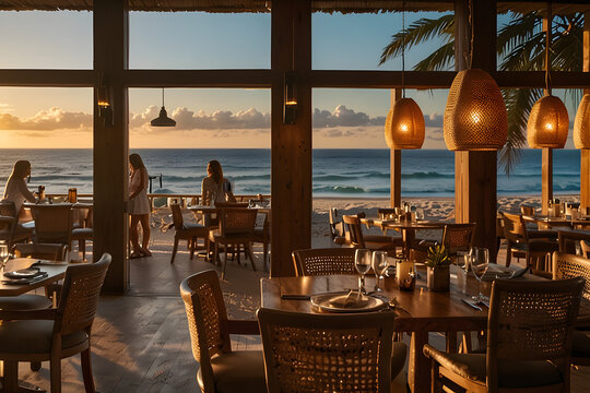 Elegant tropical restaurant overlooking the ocean at sunset with warm indoor lighting and relaxed coastal atmosphere