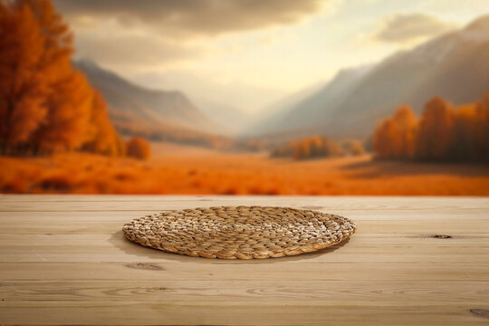 Empty wooden table with clean copy space for product placement. Blurred background of picturesque mountain meadow in late summer or autumn with distant mountains.