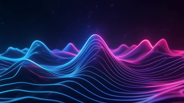 Abstract Neon Landscape with Flowing Waves and Particles.