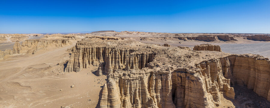 Aerial view of majestic yardang landforms in the Gobi Desert, Dahaidao, Xinjiang, China