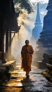 Peaceful Buddhist monk walking through an ancient temple during sunrise with dramatic rays of sunlight and mist. Concept of spirituality, meditation, mindfulness and religious tradition.