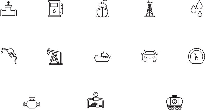 Energy Transport icon set illustrating the oil and gas industry featuring fuel station pumps ocean cargo ships heavy extraction pumpjacks and driving cars outline vector graphic
