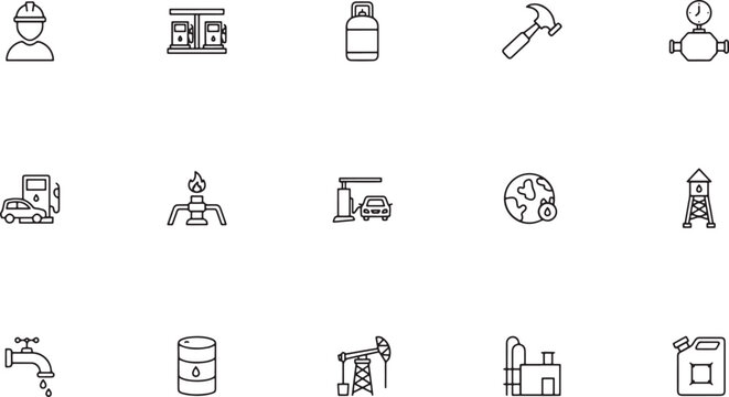 Industrial Mining icon set featuring global oil and gas extraction equipment including refinery valves pumpjacks heavy construction cranes and sturdy hammers outline vector