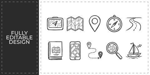 Travel guide books and global mapping doodle icons set featuring globes and routes for international tourism and holiday destination planning website design graphics © Ashik  Khan