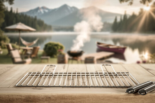Wooden table with copy space and blurred summer barbecue background