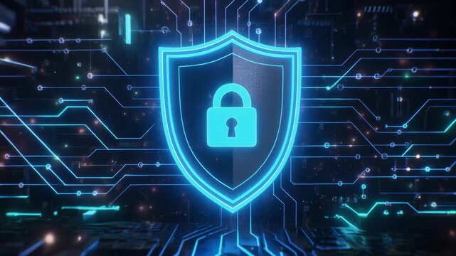Digital Shield with Padlock Symbol on Futuristic Circuit Board Background.
