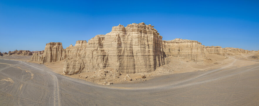 Aerial view of majestic yardang landforms in the Gobi Desert, Dahaidao, Xinjiang, China