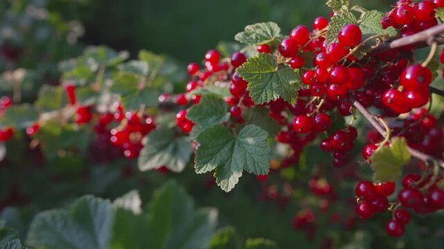 Ripe red currants hanging on branch in summer garden.