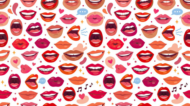 Colorful Lips Pattern Seamless Background - Woman Mouths, Expressions, and Speech Bubbles