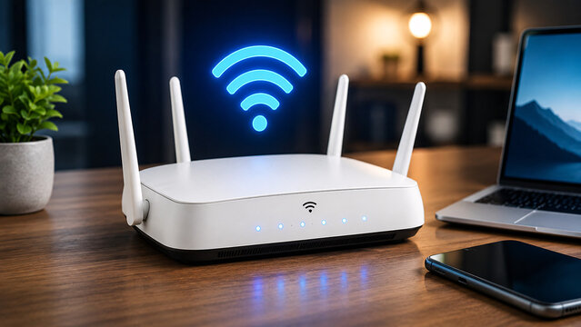 Modern White Wi-Fi Router with Glowing Blue Wireless Signal Icon on Wooden Table in Office or Home Interior. High Speed Internet Connection Concept.