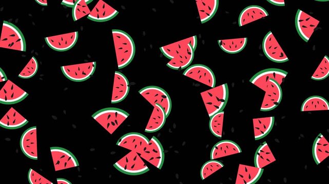 Animated watermelon slices falling in a seamless loop on a black background in a simple flat graphic style for a fresh summer food pattern or healthy diet concept