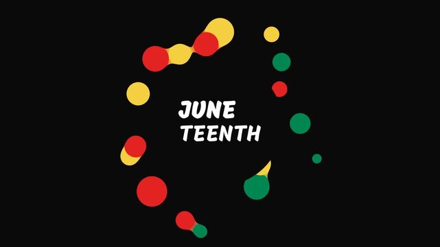 Juneteenth text and Pan-African colors animating in a seamless loop pattern on a black background in a modern abstract style for a freedom and emancipation day celebration concept