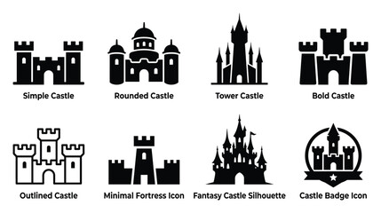 Naklejka premium Minimalist castle icon variations set, premium vector line art bundle for digital marketing, clean geometric horizontal castles graphic designs for creative branding projects isolated on white