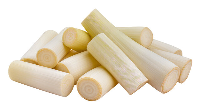 Isolated fresh raw banana stem hearts piled, a healthy tropical vegetable ingredient