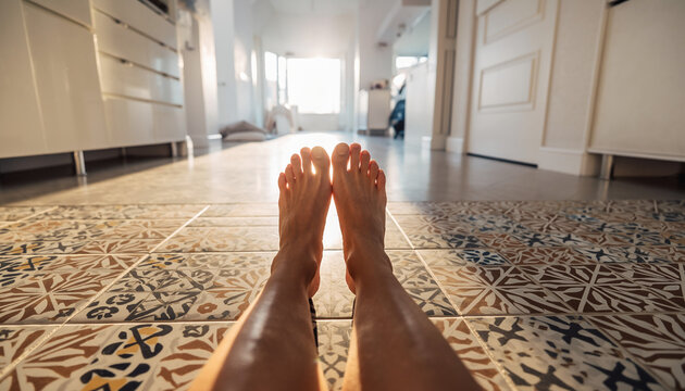 Soothing morning light fills a contemporary living space as bare feet rest on stylish decorative tiles