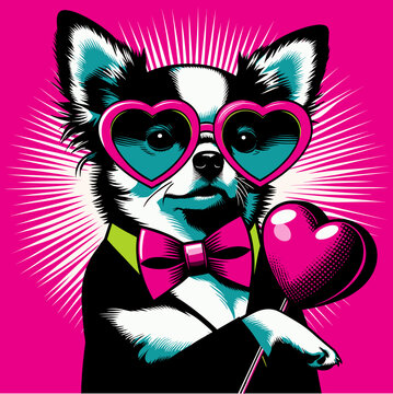 Funny Chihuahua dog wearing heart sunglasses and bow tie for Valentine