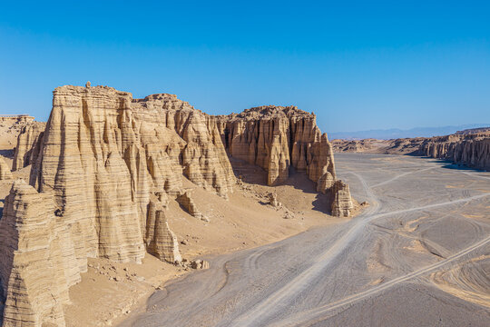 Aerial view of majestic yardang landforms in the Gobi Desert, Dahaidao, Xinjiang, China