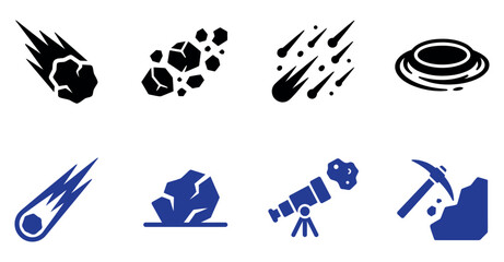 Set of simple black and blue space icons featuring meteorites asteroids falling stars and telescopes Vector, illustration © Sumon Sorkar