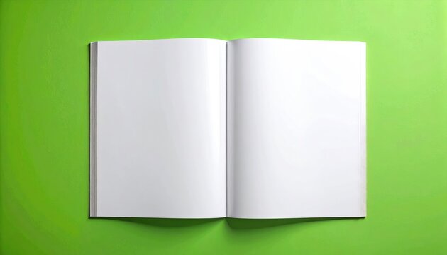 Open blank book with white pages top view on a vibrant green background clean and minimal