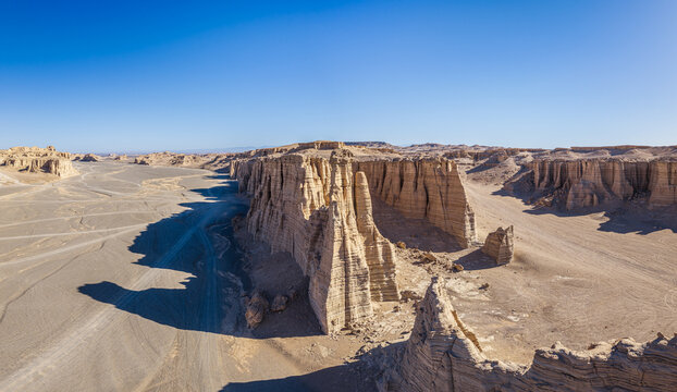Aerial view of majestic yardang landforms in the Gobi Desert, Dahaidao, Xinjiang, China