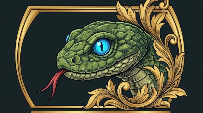 Detailed green snake head in golden vintage frame.