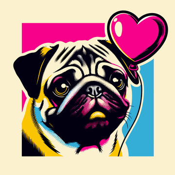 Funny pug dog pop art portrait with heart balloon for Valentine day