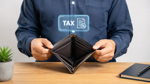 Close up of man holding opening empty leather wallet with digital glowing holographic TAX payment document invoice icon over it. Concept of financial crisis, heavy taxation, lack of money.
