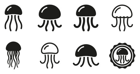 Minimalist jellyfish icon variations set, premium vector line art bundle for digital marketing, clean geometric horizontal jellyfishes graphic designs for creative branding projects isolated o © ArtMint