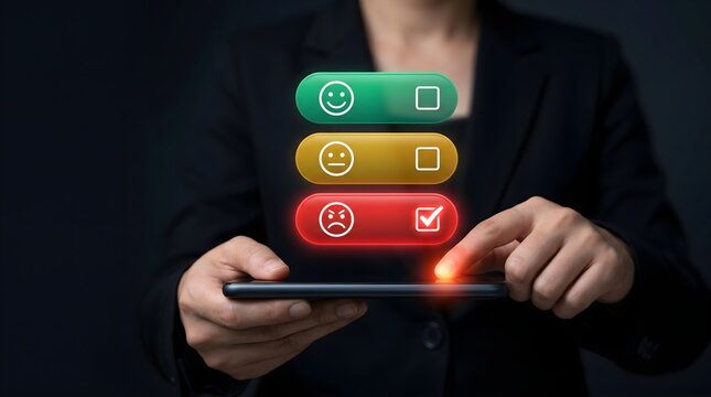 Person giving bad feedback on smartphone with digital rating interface showing low satisfaction, negative experience for negative customer experience or service complaint evaluation