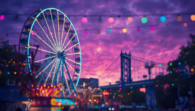 Ferris wheel at night carnival. Amusement park ride under sunset sky.