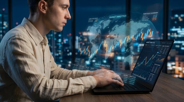 Stock market price charts and global market graphs. Financial trading data. Foreign exchange and commodities. Trader using a laptop computer to invest in various financial products.