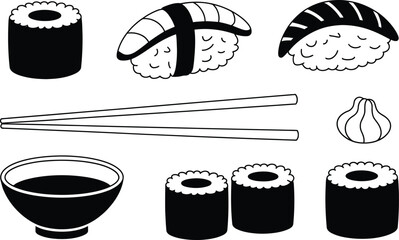 Sushi roll and japanese cuisine icon set with japanese chopsticks silhouette restaurant traditional collection minimalist isolated illustration appetizer delicious © MstAsmaAkter