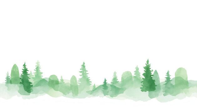 Watercolor pine forest landscape. Green trees on white background