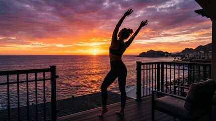 Fototapeta premium Woman stretching on a balcony at sunset overlooking the ocean, celebrating summer joy, wellness, and freedom during a tropical vacation.