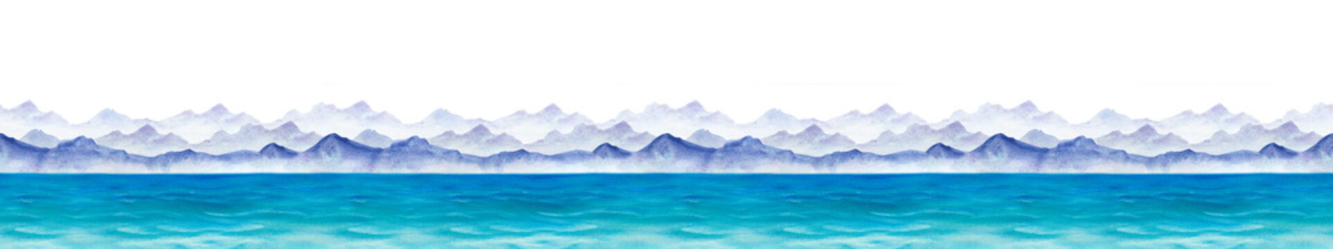 Watercolor panoramic illustration with a seamless repeating coastal design with layers of distant misty mountain ridges above a wide turquoise sea. Isolated. Horizontal seamless border for endless